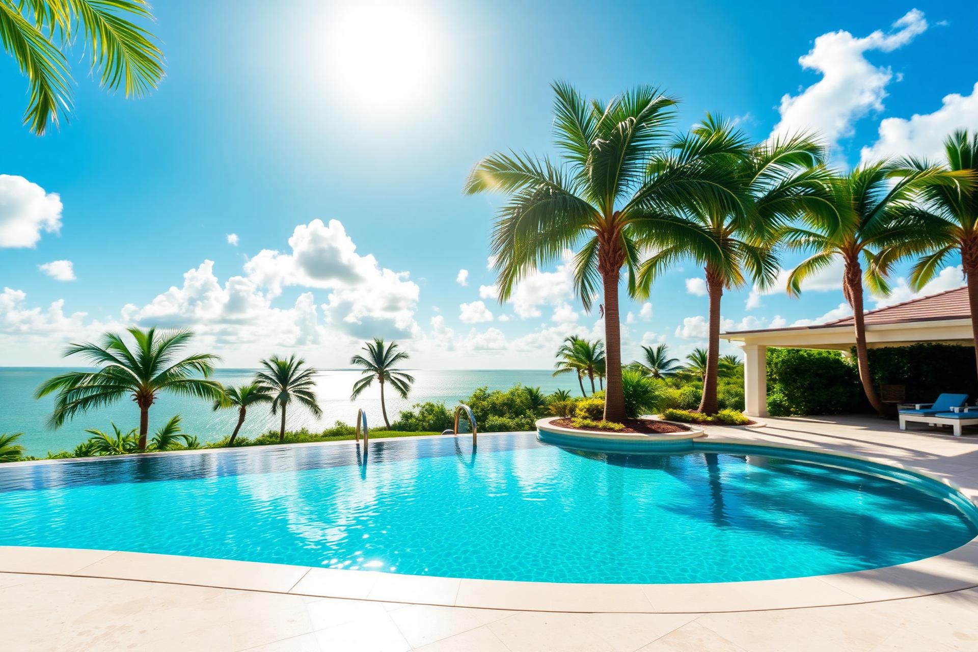 Luxury infinity pool with palms and ocean view in bright Florida sunlight