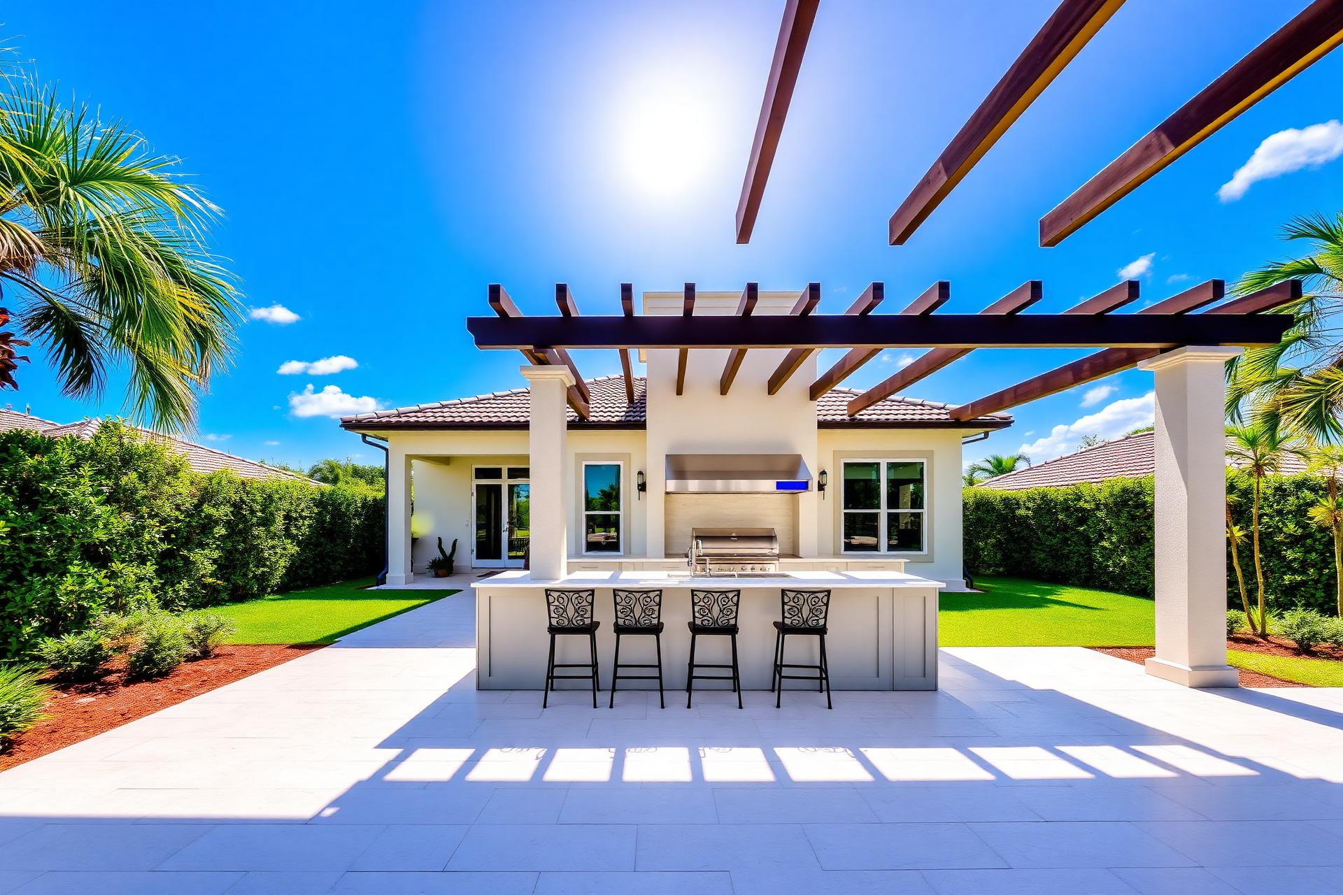 Bright luxury outdoor kitchen with pergola under blue sky